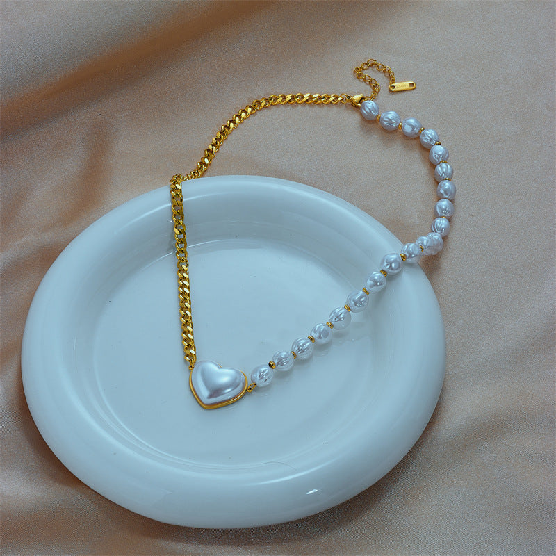 Baroque Style Heart Shape Titanium Steel Beaded Epoxy Plating 18k Gold Plated Pendant Necklace