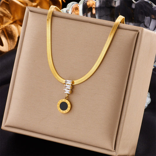 Retro Round Stainless Steel Plating Inlay Artificial Rhinestones 18k Gold Plated Pendant Necklace