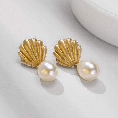 1 Pair Ins Style Baroque Style Scallop Stainless Steel Pearl Plating 18k Gold Plated Drop Earrings