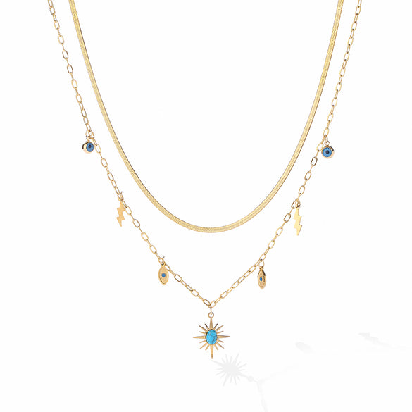 Modern Style Devil's Eye Titanium Steel Layered Plating Inlay Turquoise 18k Gold Plated Pendant Necklace