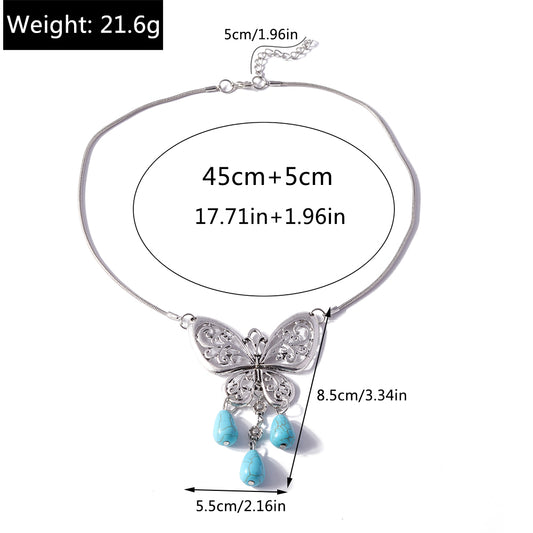 Vintage Style Flower Butterfly Turquoise Zinc Alloy Women's Pendant Necklace