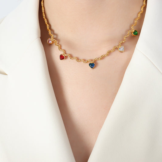 Luxurious Shiny Heart Shape Titanium Steel Inlay Zircon 18k Gold Plated Necklace