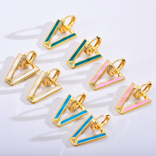1 Pair Modern Style V Shape Copper Enamel Plating Inlay Zircon Gold Plated Drop Earrings