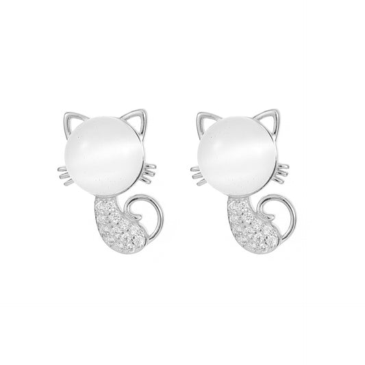 1 Pair Cute Simple Style Cat Sterling Silver Inlay Opal Zircon Ear Studs