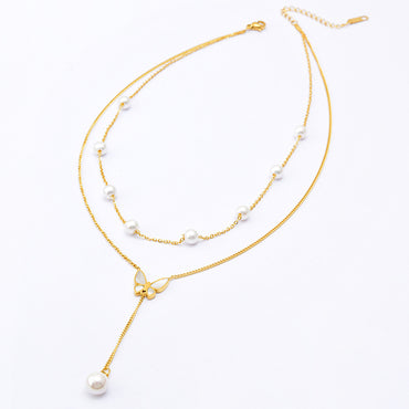 Elegant Sexy Butterfly Titanium Steel Plating Inlay Artificial Pearls Shell 18k Gold Plated Layered Necklaces