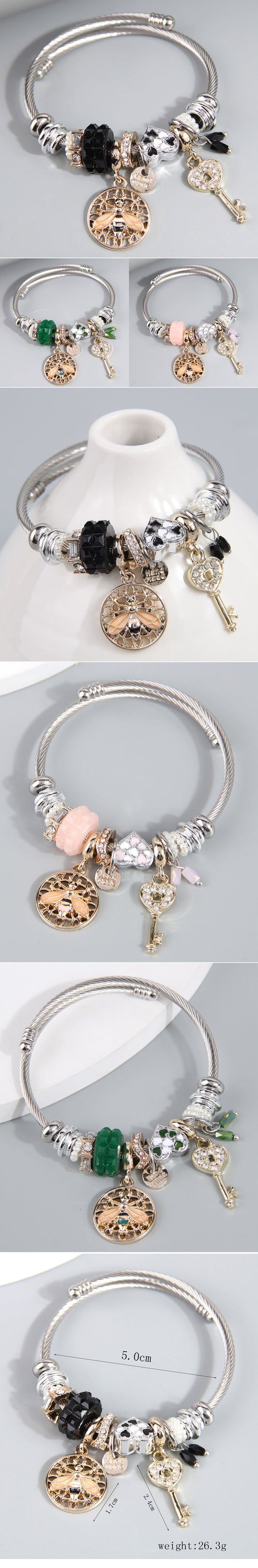 Simple Style Heart Shape Bee Key Alloy Steel Inlay Rhinestones Women's Bracelets