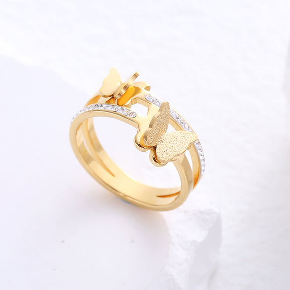 Simple Style Butterfly Stainless Steel Plating Inlay Zircon 24k Gold Plated Rings
