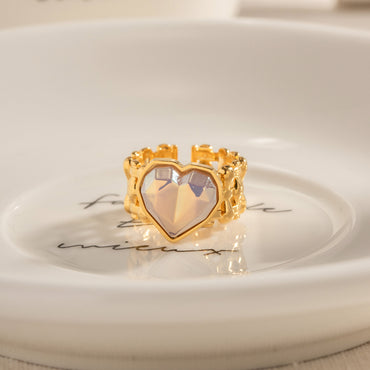 Ig Style Heart Shape Stainless Steel Plating Inlay Artificial Gemstones 18k Gold Plated Open Ring