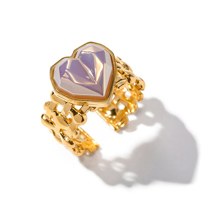 Ig Style Heart Shape Stainless Steel Plating Inlay Artificial Gemstones 18k Gold Plated Open Ring
