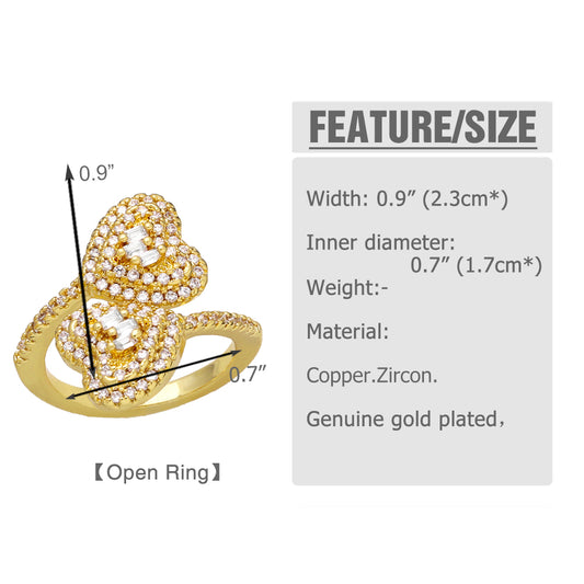 Glam Heart Shape Rectangle Copper Plating Inlay Zircon 18k Gold Plated Open Ring