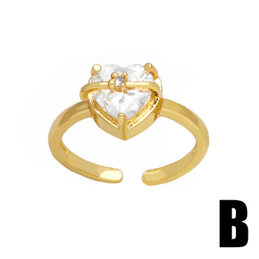 Romantic Shiny Heart Shape Copper 18k Gold Plated Zircon Open Ring In Bulk