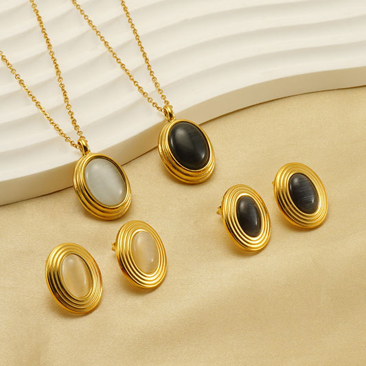 Wholesale Elegant Oval Stainless Steel Plating Inlay 18k Gold Plated Natural Stone Earrings Necklace
