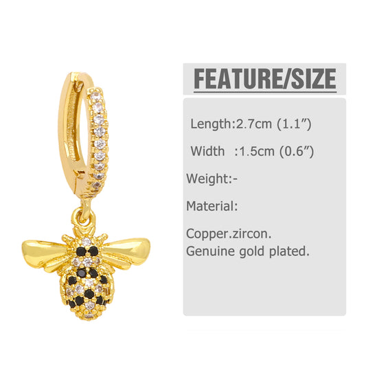 1 Pair Sweet Shiny Bee Dragonfly Butterfly Plating Inlay Copper Zircon 18k Gold Plated Drop Earrings