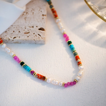 Casual Vacation Colorful Natural Stone Freshwater Pearl Copper Beaded 14k Gold Plated Necklace