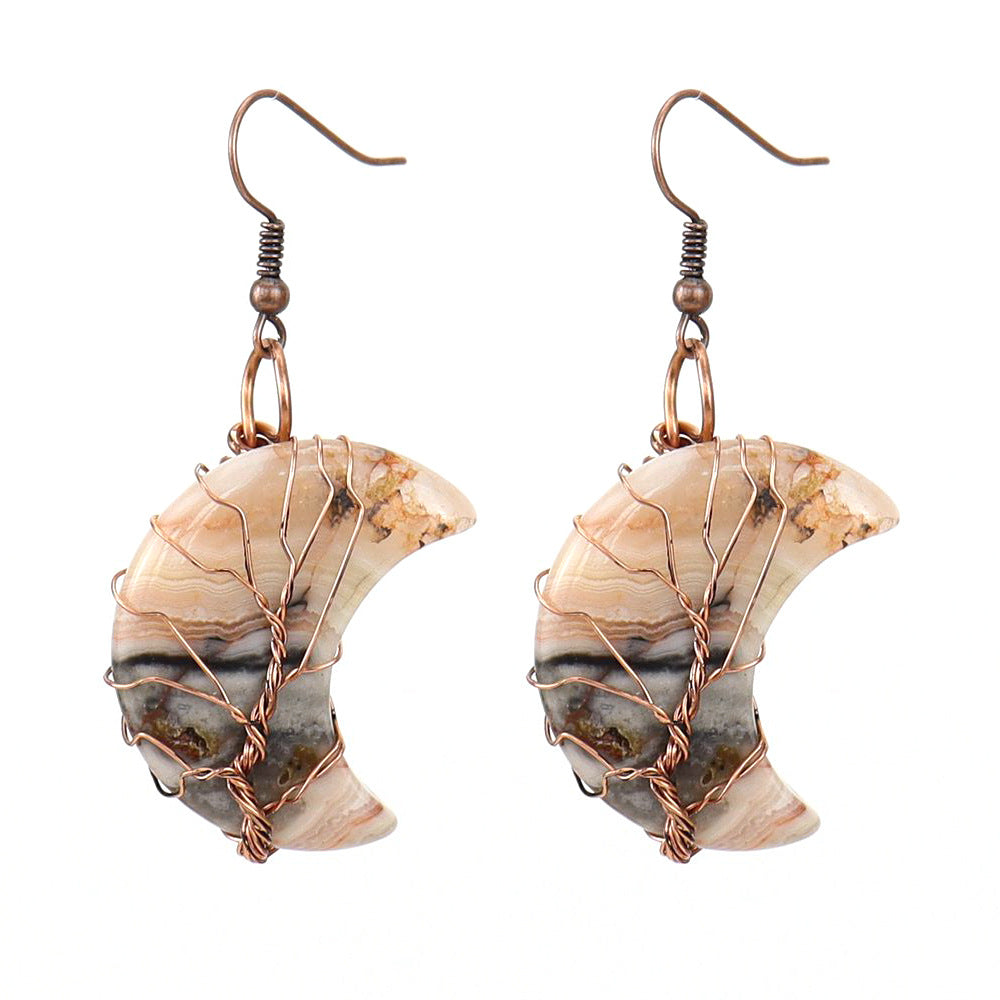 1 Pair Retro Simple Style Moon Tree Patchwork Natural Stone Copper Drop Earrings