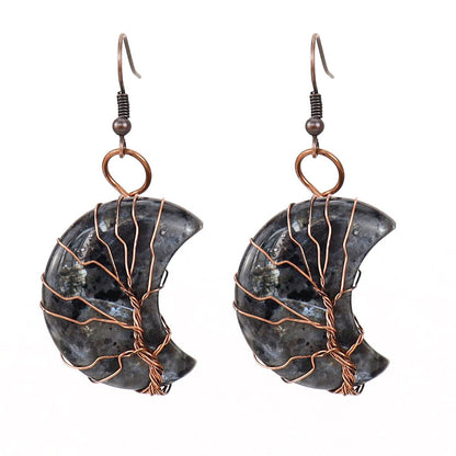 1 Pair Retro Simple Style Moon Tree Patchwork Natural Stone Copper Drop Earrings
