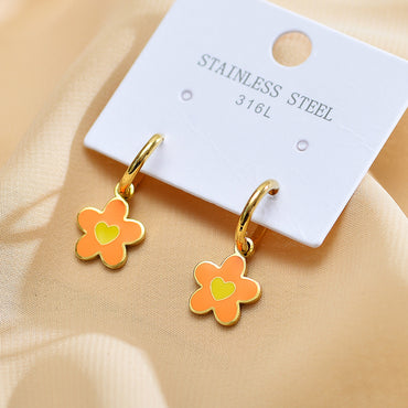 1 Pair Sweet Heart Shape Flower Enamel Plating Stainless Steel Gold Plated Drop Earrings