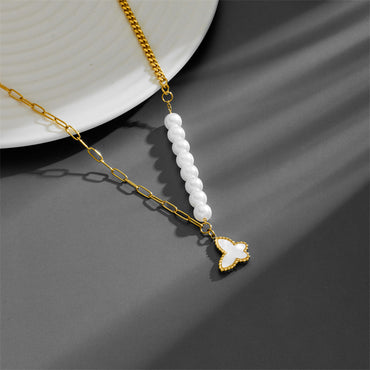 Sweet Heart Shape Butterfly Artificial Pearl Titanium Steel Inlay Shell 18k Gold Plated Pendant Necklace