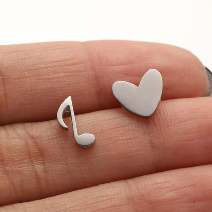 1 Pair Modern Style Simple Style Heart Shape Notes Asymmetrical Plating Stainless Steel Ear Studs