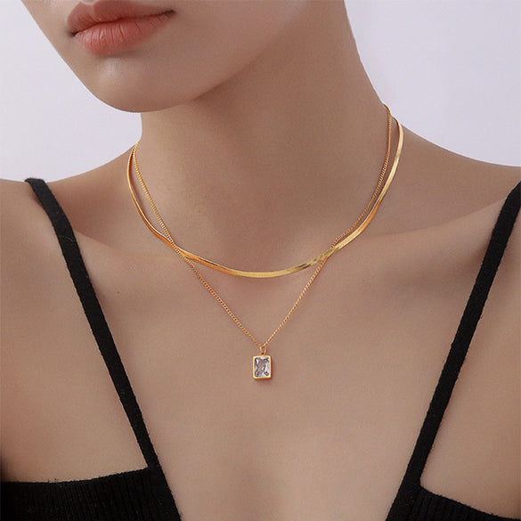 Sweet Square Titanium Steel Plating Inlay Artificial Gemstones 18k Gold Plated Layered Necklaces