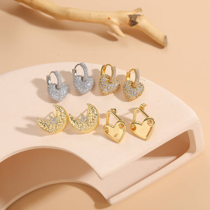 1 Pair Elegant Simple Style Classic Style Geometric Moon Heart Shape Plating Inlay Copper Zircon 14k Gold Plated Earrings
