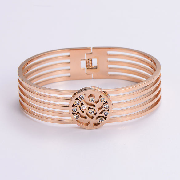 Simple Style Love Tree Heart Shape Stainless Steel Plating Hollow Out Artificial Rhinestones 18k Gold Plated Rose Gold Plated Bangle