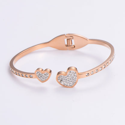 Simple Style Love Tree Heart Shape Stainless Steel Plating Hollow Out Artificial Rhinestones 18k Gold Plated Rose Gold Plated Bangle