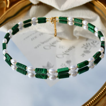 Commute Round Stainless Steel Imitation Pearl Malachite Beaded Necklace