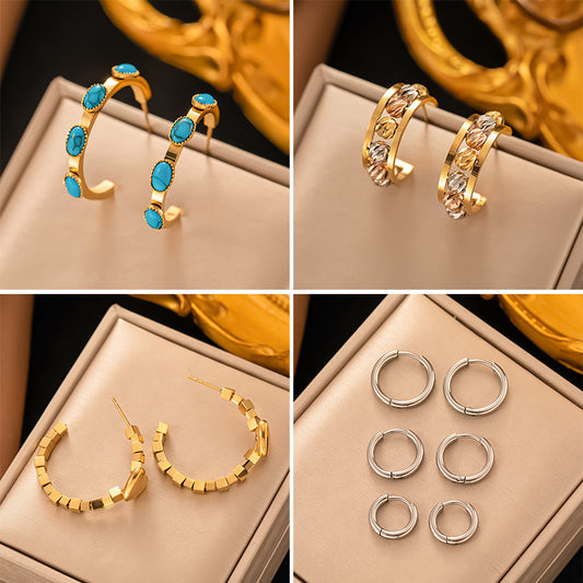 1 Pair 3 Pairs Fashion Geometric Plating Inlay Titanium Steel Turquoise Rhinestones 18k Gold Plated Earrings