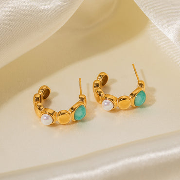 1 Pair Retro C Shape Plating Inlay Stainless Steel Artificial Pearls Natural Stone 18k Gold Plated Ear Studs