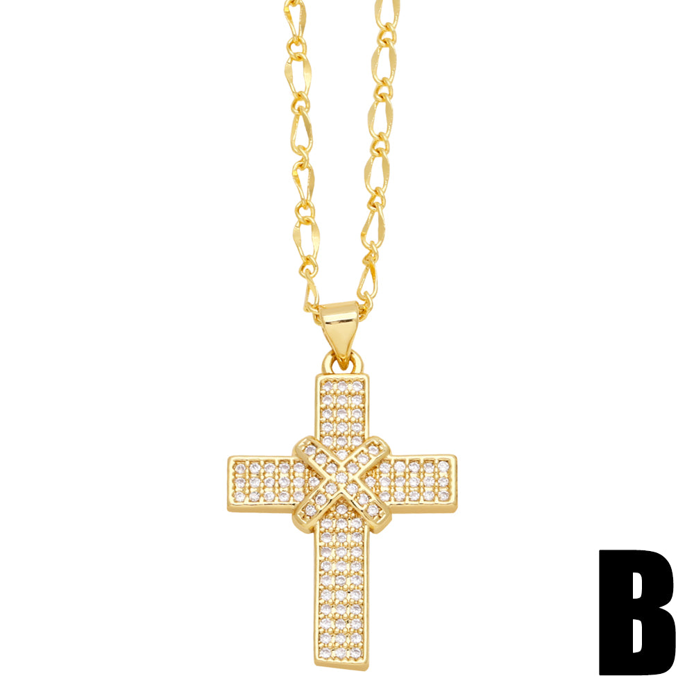 Ig Style Retro Cross Copper 18k Gold Plated Zircon Pendant Necklace In Bulk