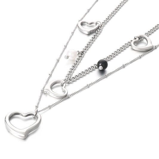 Modern Style Cool Style Heart Shape Stainless Steel Titanium Steel Pearl Plating Hollow Out Layered Necklaces