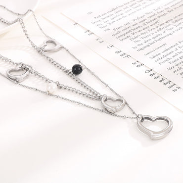 Modern Style Cool Style Heart Shape Stainless Steel Titanium Steel Pearl Plating Hollow Out Layered Necklaces