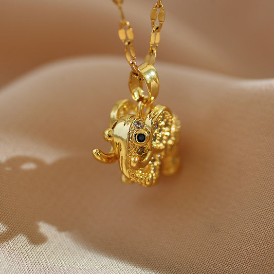 Cute Elephant Titanium Steel Copper Plating Inlay Zircon Gold Plated Pendant Necklace