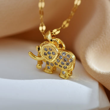 Cute Elephant Titanium Steel Copper Plating Inlay Zircon Gold Plated Pendant Necklace