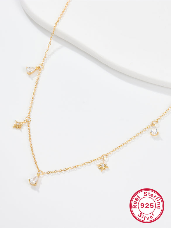 Elegant Star Water Droplets Sterling Silver Inlay Zircon 18k Gold Plated Necklace