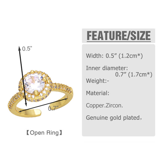 Casual Commute Round Copper Plating Inlay Zircon 18k Gold Plated Open Rings