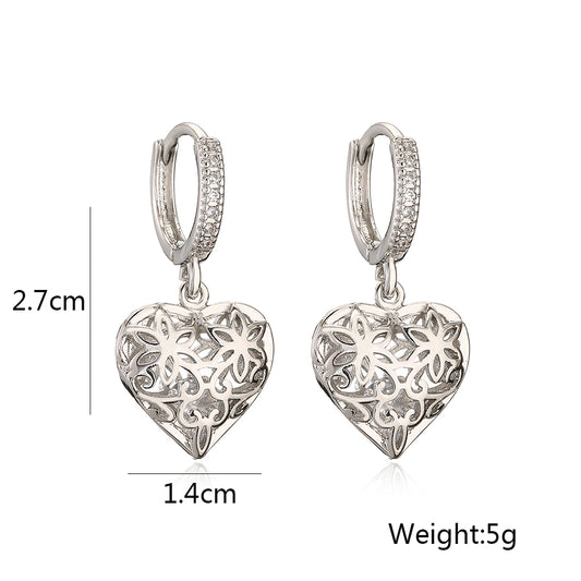 1 Pair Sweet Heart Shape Flower Plating Hollow Out Inlay Copper Zircon 18k Gold Plated Drop Earrings