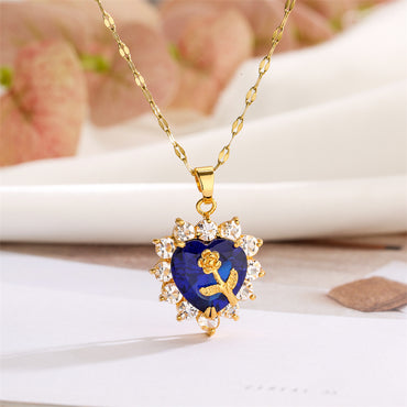 Sweet Heart Shape Flower Stainless Steel Copper Plating Inlay Zircon Gold Plated Pendant Necklace