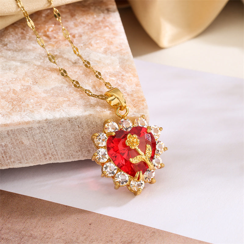 Sweet Heart Shape Flower Stainless Steel Copper Plating Inlay Zircon Gold Plated Pendant Necklace
