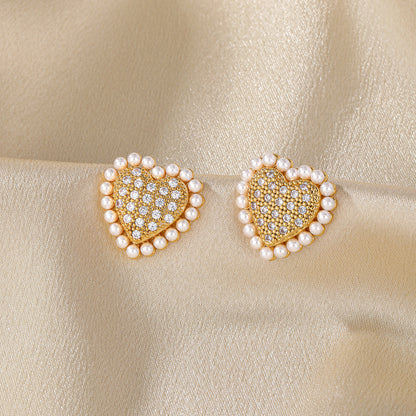 1 Pair Casual Lady Commute Heart Shape Plating Inlay Imitation Pearl Copper Zircon 18k Gold Plated Ear Studs