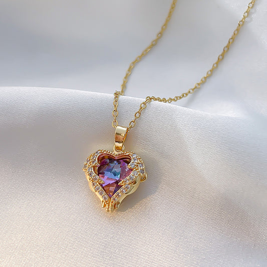 Elegant Heart Shape Titanium Steel Copper Plating Inlay Artificial Diamond Pendant Necklace