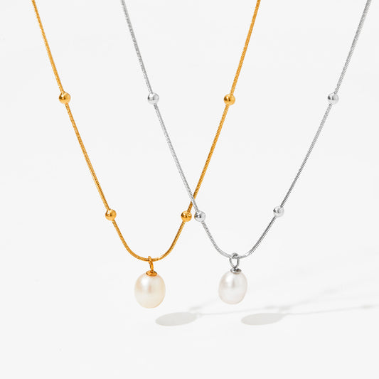 Classic Style Solid Color Stainless Steel Pearl Pendant Necklace