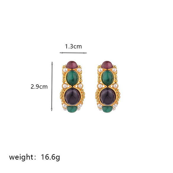 1 Pair Commute Round Plating Inlay Imitation Pearl Copper Turquoise Agate 18k Gold Plated Drop Earrings Ear Studs