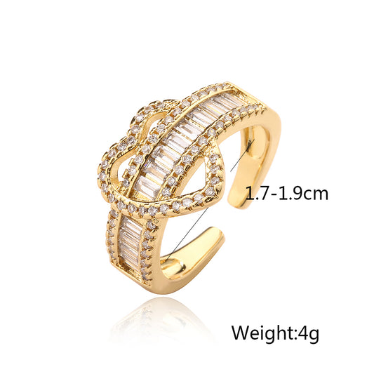 Simple Style Commute Heart Shape Rectangle Copper Plating Inlay Zircon 18k Gold Plated Open Rings