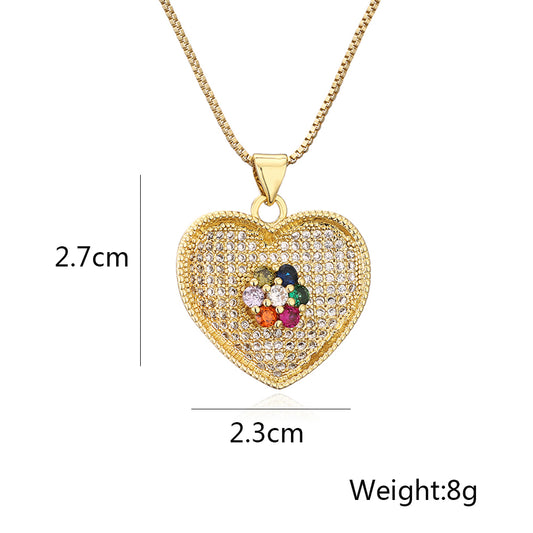 Simple Style Commute Colorful Heart Shape Copper Plating Inlay Zircon 18k Gold Plated Pendant Necklace