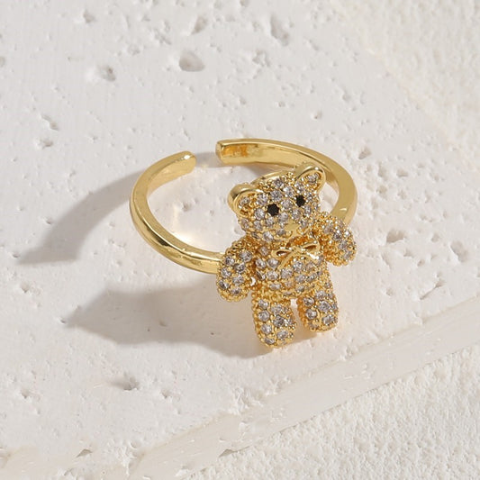 Elegant Classic Style Bear Copper Asymmetrical Plating Inlay Zircon 14k Gold Plated Open Rings