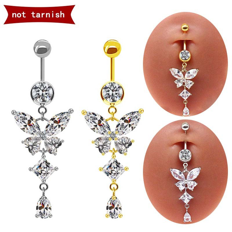 Modern Style Streetwear Shiny Butterfly Stainless Steel Rhinestone Plating Inlay Rhinestones White Gold Plated Gold Plated Belly Ring