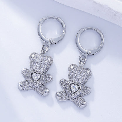 1 Pair Cartoon Style Cute Bear Heart Shape Inlay Copper Zircon Drop Earrings