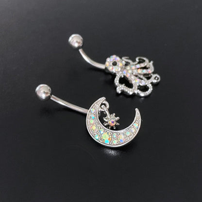 Novelty Streetwear Animal Moon Stainless Steel Plating Inlay Rhinestones White Gold Plated Belly Ring